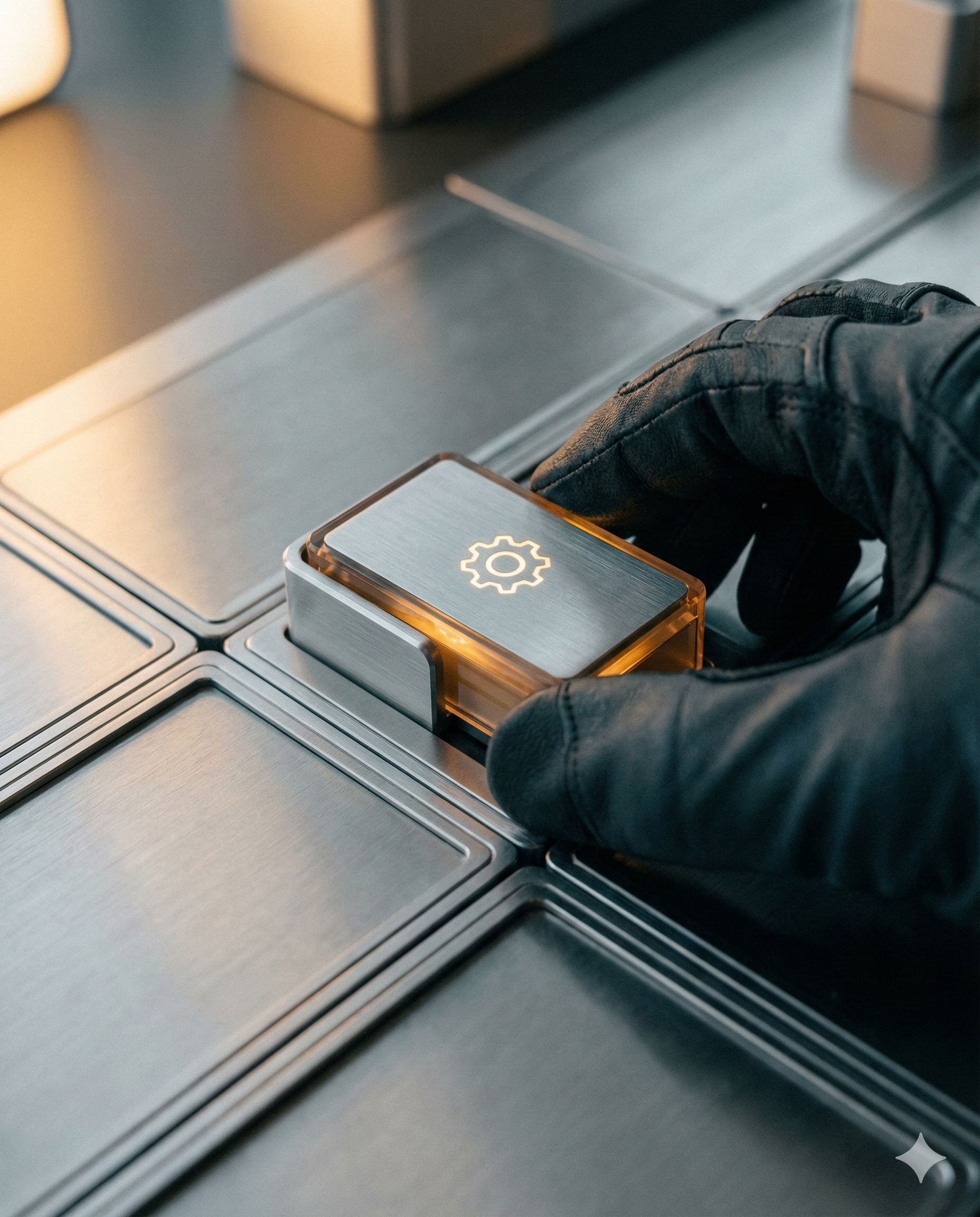 Conceptual image of glowing golden UI components being fitted into a dark architectural grid to represent a design system as a business asset.