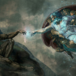 A cinematic reinterpretation of Michelangelo's "The Creation of Adam" where a classical human figure reaches toward an ethereal, digital AI entity. This image visualizes the transfer of knowledge or consciousness between biological and artificial life.
