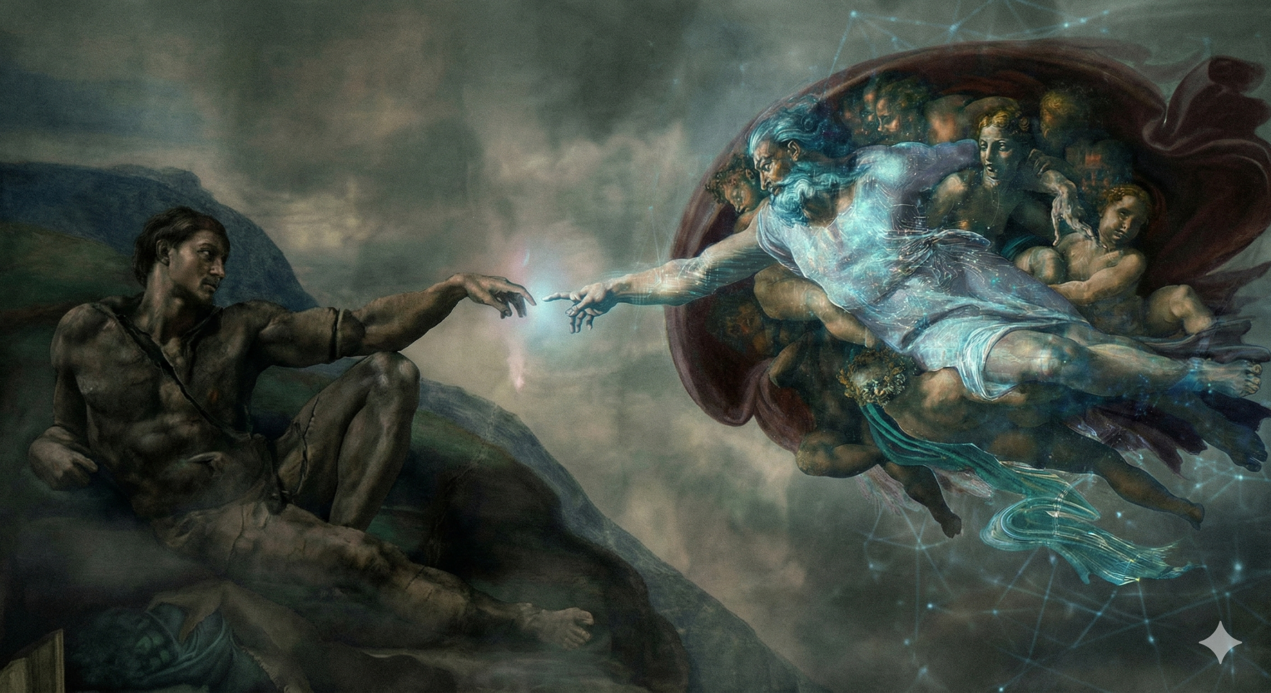 A cinematic reinterpretation of Michelangelo's "The Creation of Adam" where a classical human figure reaches toward an ethereal, digital AI entity. This image visualizes the transfer of knowledge or consciousness between biological and artificial life.