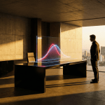 A cinematic, minimalist holographic interface in a luxury office setting, representing low cognitive load and high-end UX strategy.