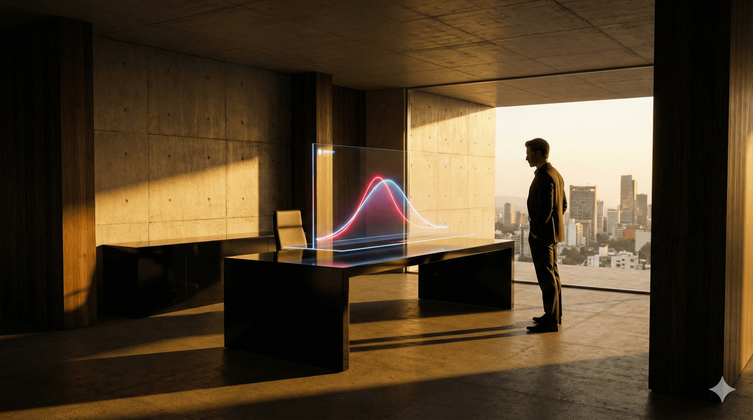 A cinematic, minimalist holographic interface in a luxury office setting, representing low cognitive load and high-end UX strategy.