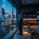 Senior UX Strategist presenting a digital service blueprint in a luxury corporate office setting.