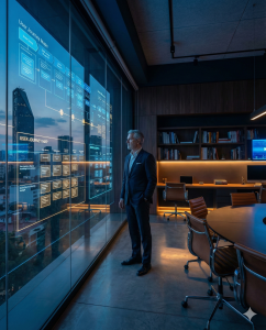 Senior UX Strategist presenting a digital service blueprint in a luxury corporate office setting.