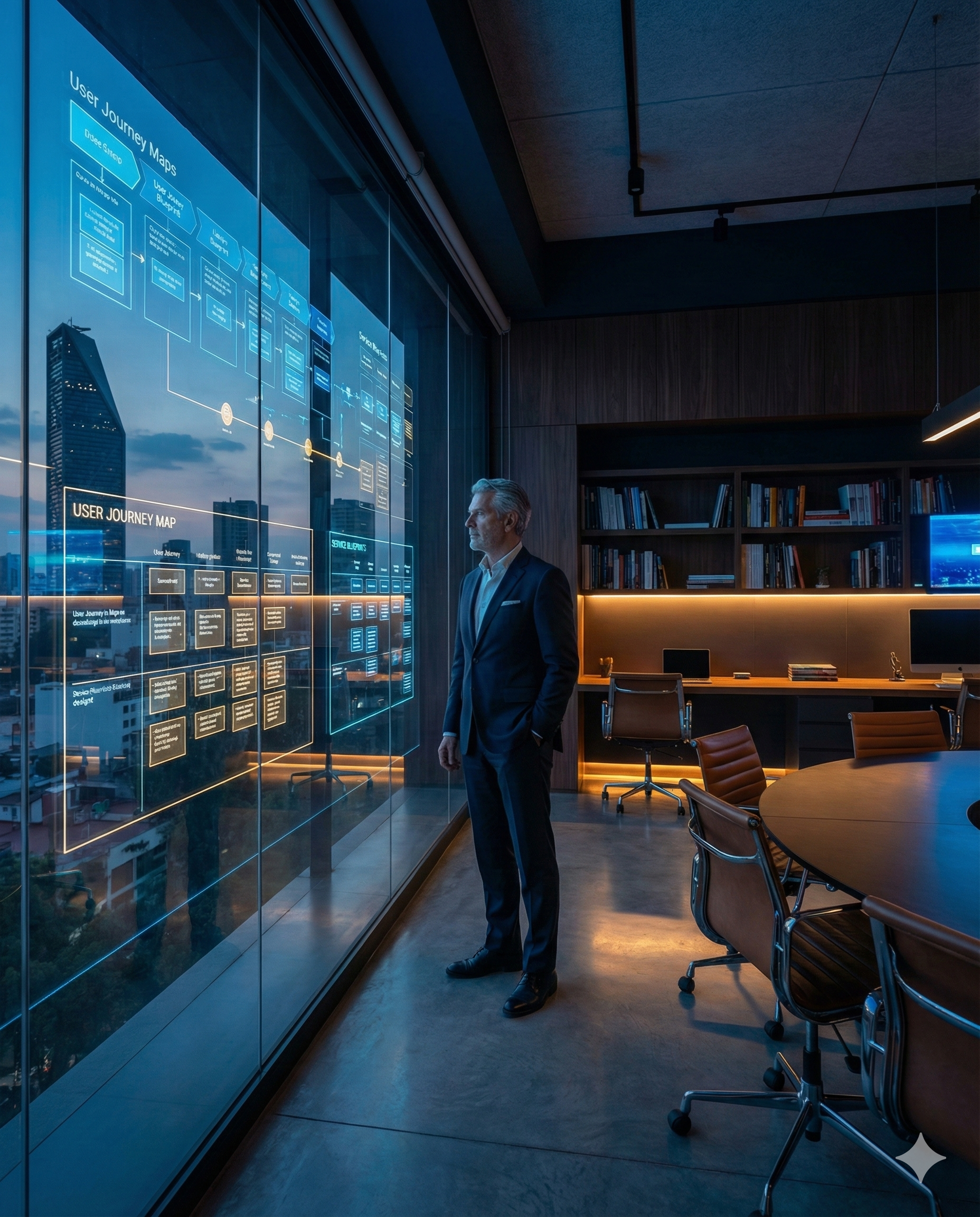 Senior UX Strategist presenting a digital service blueprint in a luxury corporate office setting.