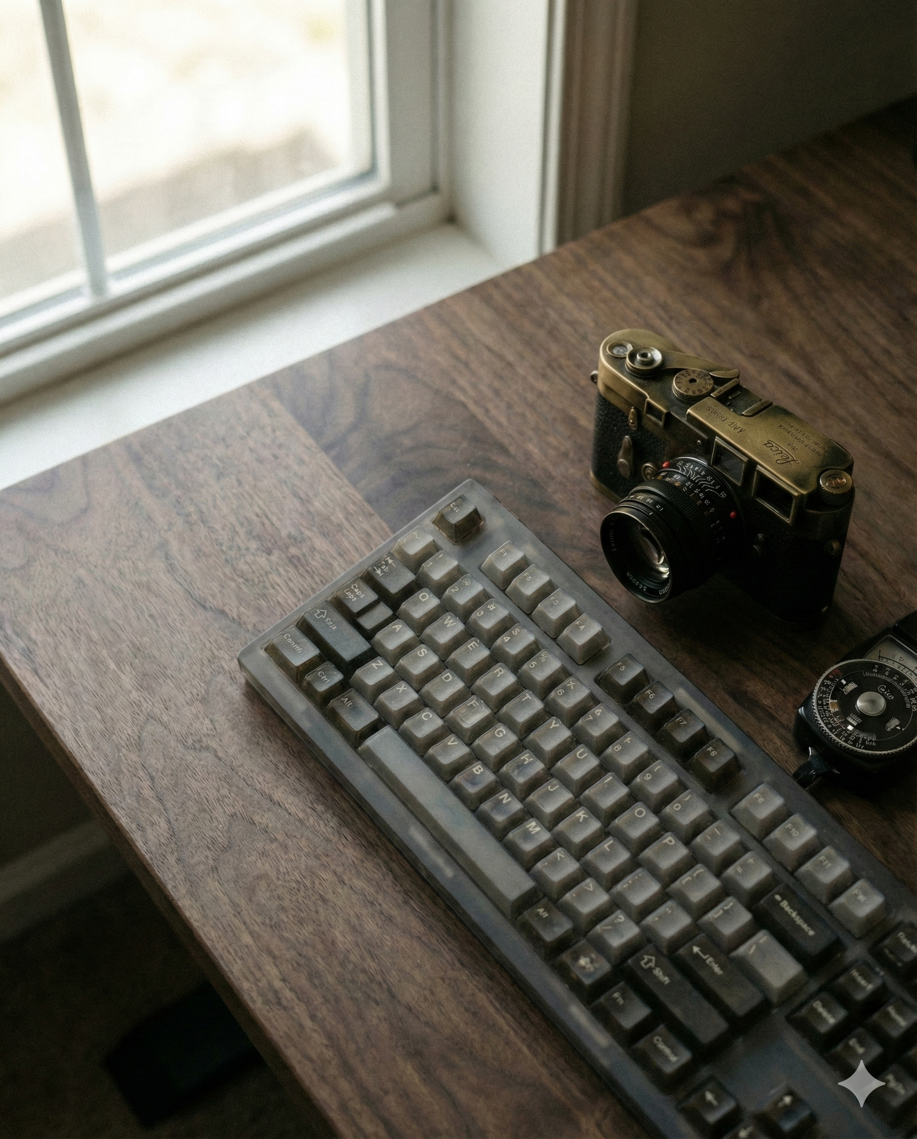 A high-end mechanical keyboard and vintage camera clustered on a walnut desk, illustrating the Gestalt Principle of Proximity in unified brand messaging.